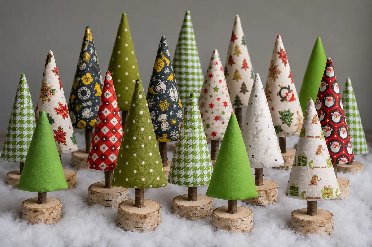 Weihnachtliches Stoffbäumchen mit Holzfuß – 14 cm, einzeln