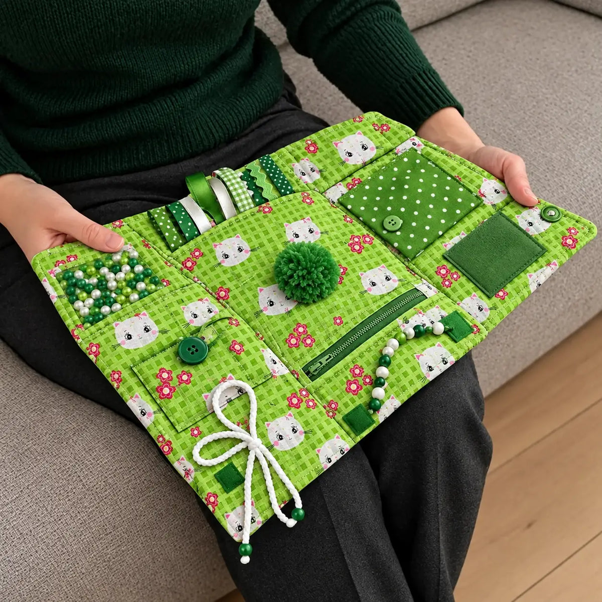 Fidget- & Beschäftigungsdecke aus Baumwolle – 40 × 50 cm