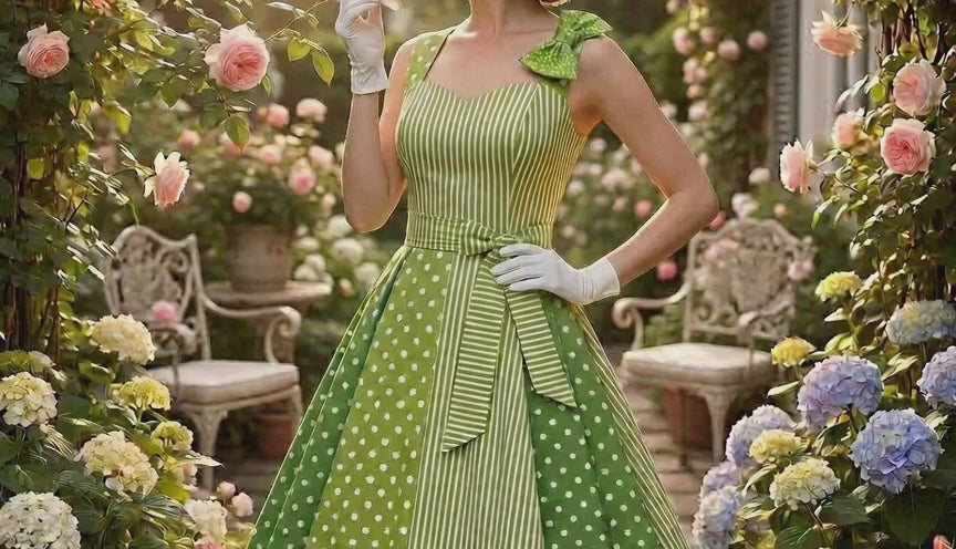 Vintage Sommerkleid – Pink/Magenta/ Grün gestreift & gepunktet