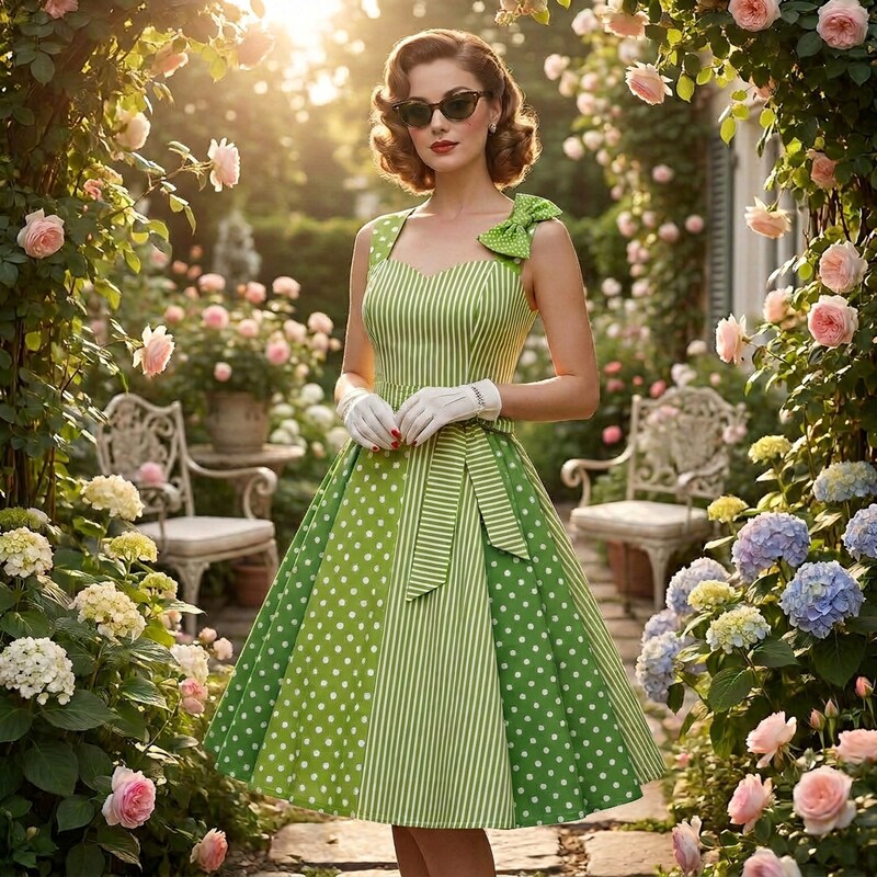 Vintage Sommerkleid grün gestreift gepunktet 50er Jahre Stil Größen XS bis XL