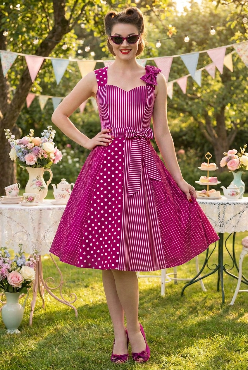 Vintage Sommerkleid Pink Magenta gestreift gepunktet 50er Jahre